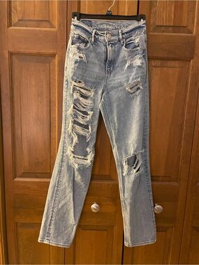 American Eagle Outfitters Ripped Straight Leg Jeans - Light Blue